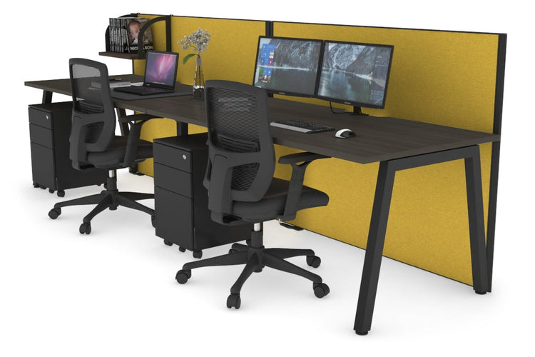 Horizon Quadro 2 Person Run A Leg Office Workstations [1600L x 800W with Cable Scallop] Jasonl black leg dark oak mustard yellow (1200H x 3200W)