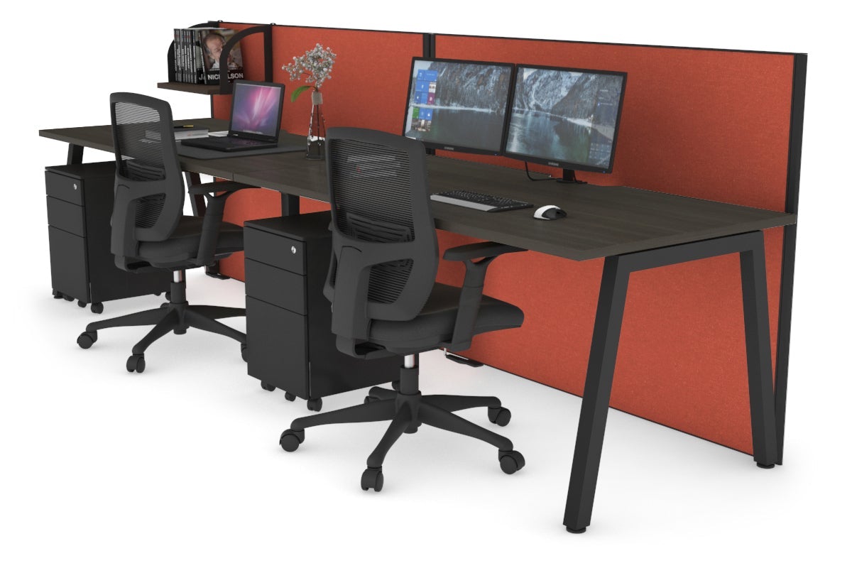 Horizon Quadro 2 Person Run A Leg Office Workstations [1600L x 800W with Cable Scallop] Jasonl black leg dark oak orange squash (1200H x 3200W)