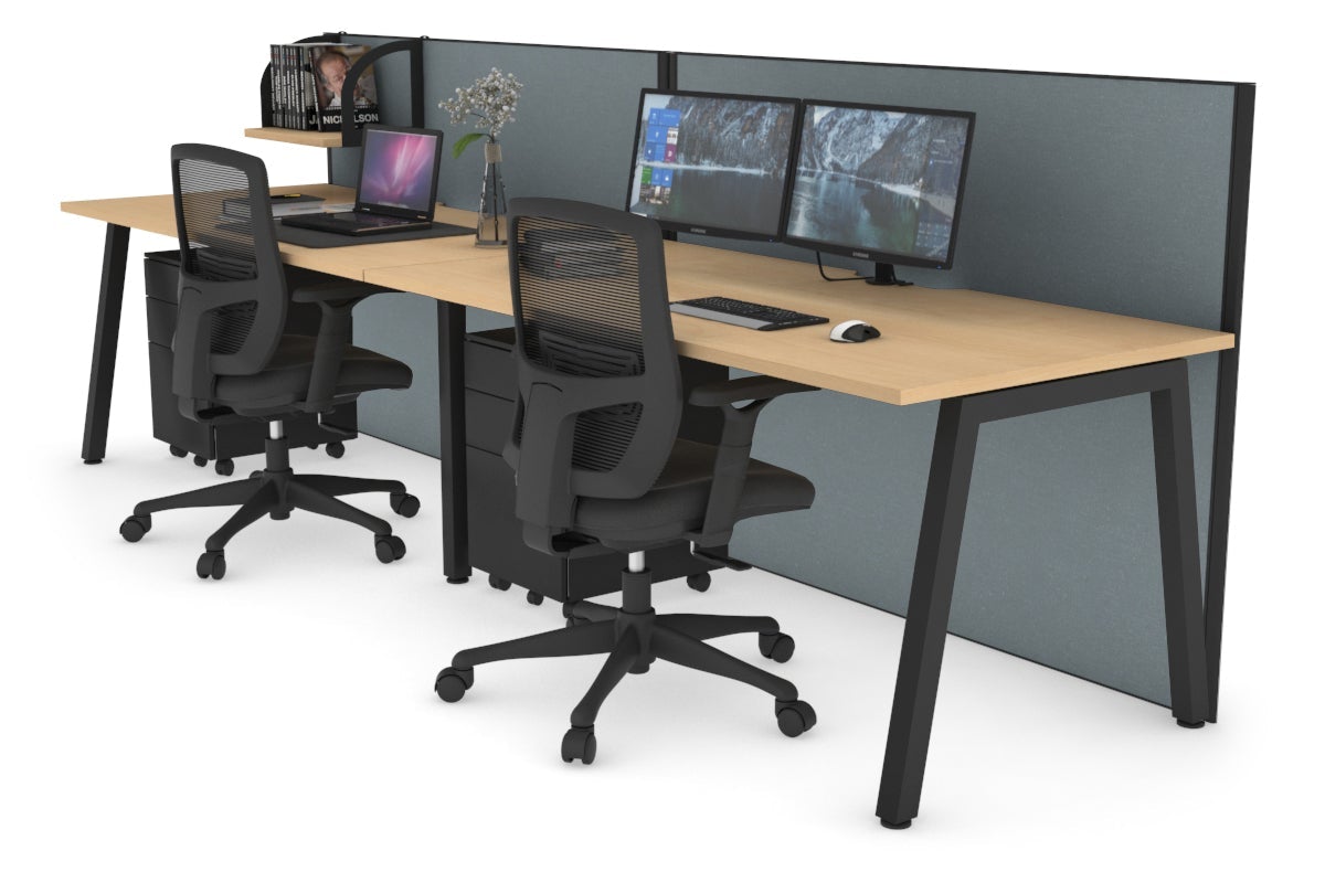 Horizon Quadro 2 Person Run A Leg Office Workstations [1600L x 800W with Cable Scallop] Jasonl black leg maple cool grey (1200H x 3200W)