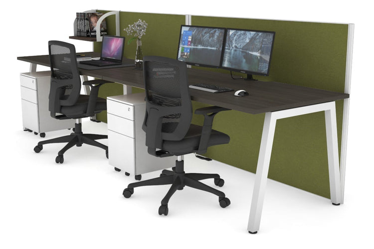 Horizon Quadro 2 Person Run A Leg Office Workstations [1600L x 800W with Cable Scallop] Jasonl white leg dark oak green moss (1200H x 3200W)