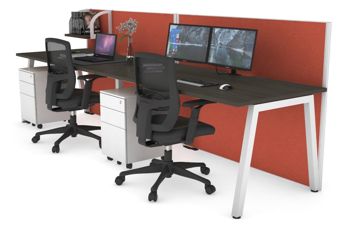 Horizon Quadro 2 Person Run A Leg Office Workstations [1600L x 800W with Cable Scallop] Jasonl white leg dark oak orange squash (1200H x 3200W)