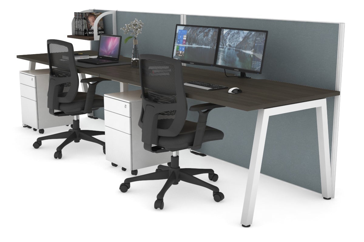 Horizon Quadro 2 Person Run A Leg Office Workstations [1600L x 800W with Cable Scallop] Jasonl white leg dark oak cool grey (1200H x 3200W)