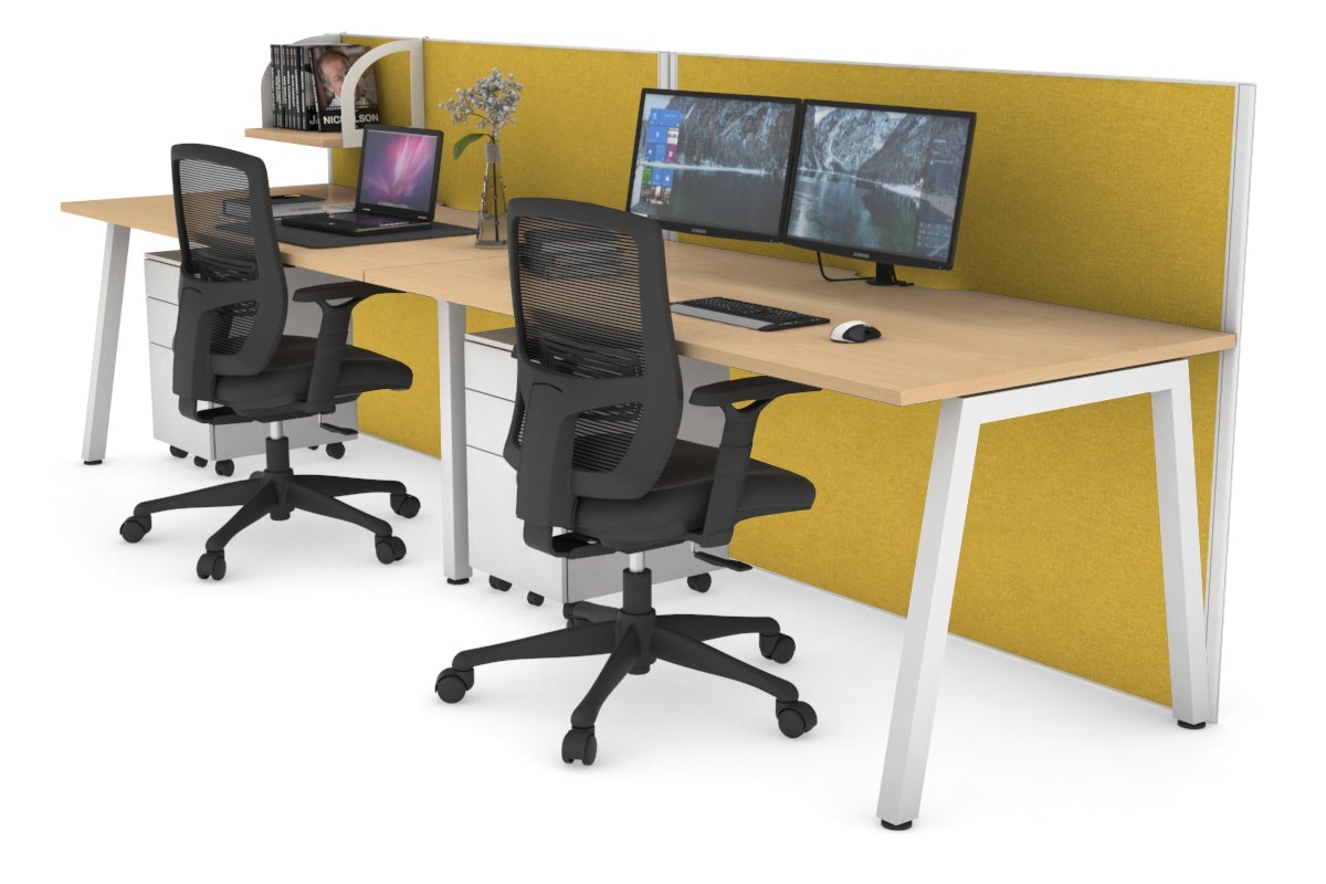 Horizon Quadro 2 Person Run A Leg Office Workstations [1600L x 800W with Cable Scallop] Jasonl white leg maple mustard yellow (1200H x 3200W)