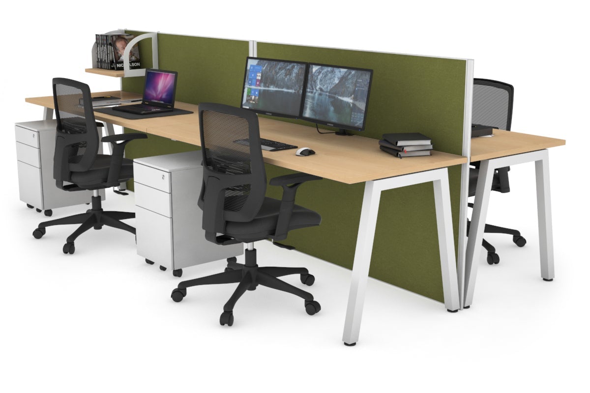 Horizon Quadro 4 Person Bench A Leg Office Workstations [1400L x 700W] Jasonl white leg maple green moss (1200H x 2800W)