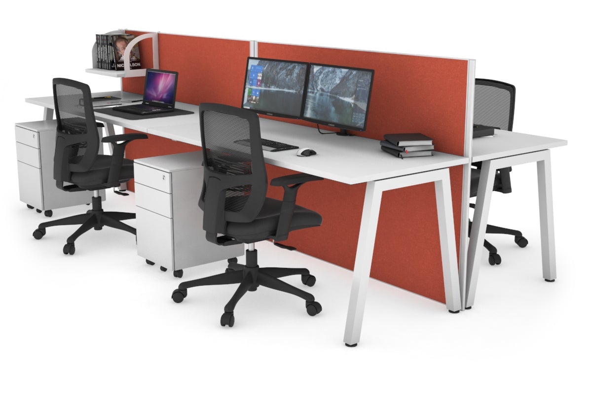 Horizon Quadro 4 Person Bench A Leg Office Workstations [1400L x 700W] Jasonl white leg white orange squash (1200H x 2800W)