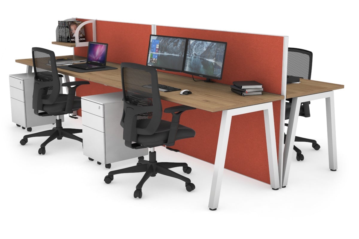 Horizon Quadro 4 Person Bench A Leg Office Workstations [1400L x 700W] Jasonl white leg salvage oak orange squash (1200H x 2800W)