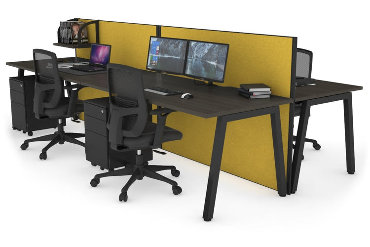 Horizon Quadro 4 Person Bench A Leg Office Workstations [1400L x 800W with Cable Scallop] Jasonl black leg dark oak mustard yellow (1200H x 2800W)