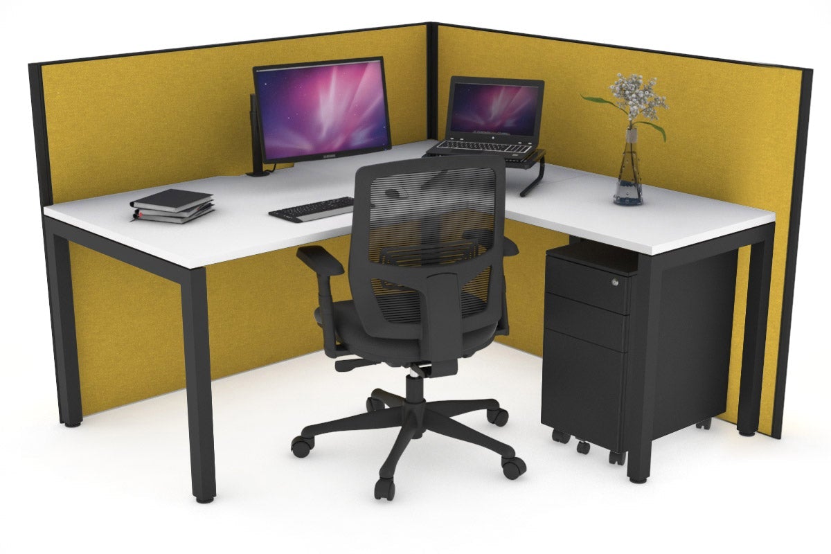 Horizon Quadro Square Leg L-Shaped Corner Office Desk [1400L x 1550W with Cable Scallop] Jasonl black leg white mustard yellow (1200H x 1400W x 1600W)