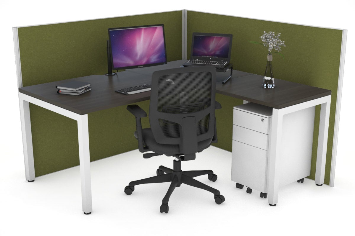 Horizon Quadro Square Leg L-Shaped Corner Office Desk [1400L x 1550W with Cable Scallop] Jasonl white leg dark oak green moss (1200H x 1400W x 1600W)