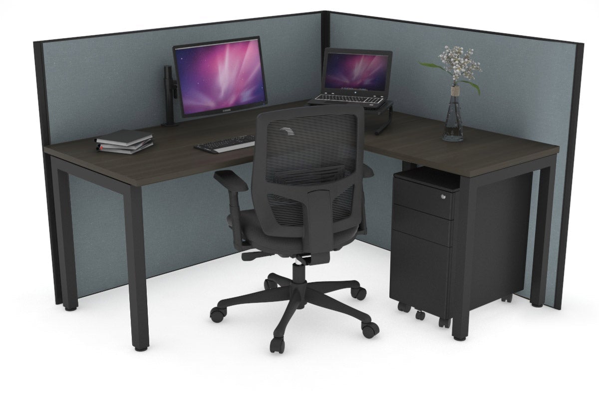 Horizon Quadro Square Leg L-Shaped Corner Office Desk [1400L x 1700W] Jasonl black leg dark oak cool grey (1200H x 1400W x 1800W)