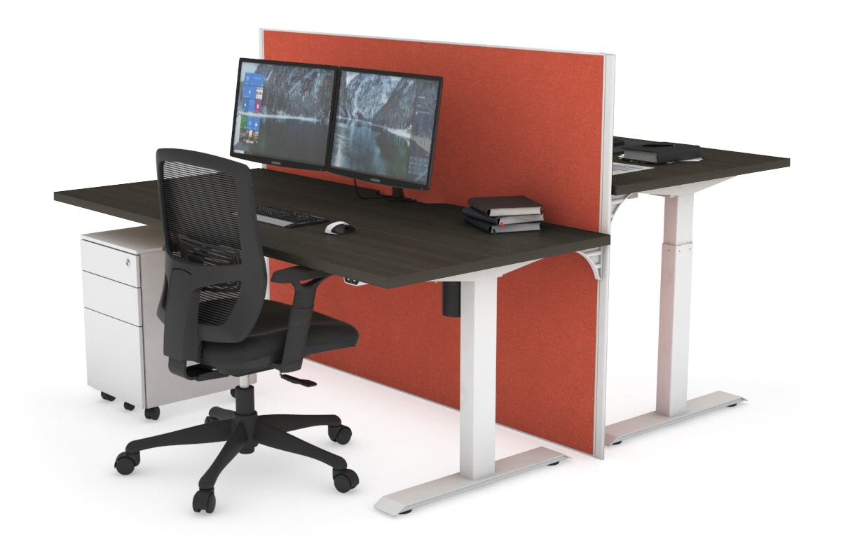 Just Right Height Adjustable 2 Person Bench Workstation [1200L x 800W with Cable Scallop] Jasonl white leg dark oak orange squash (1200H x 1200W)