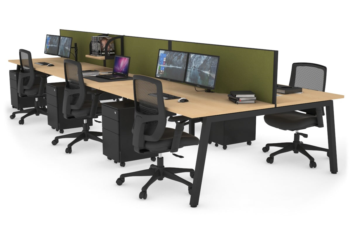 Quadro 6 Person Office Workstations [1400L x 800W with Cable Scallop] Jasonl black leg maple green moss (500H x 1400W)