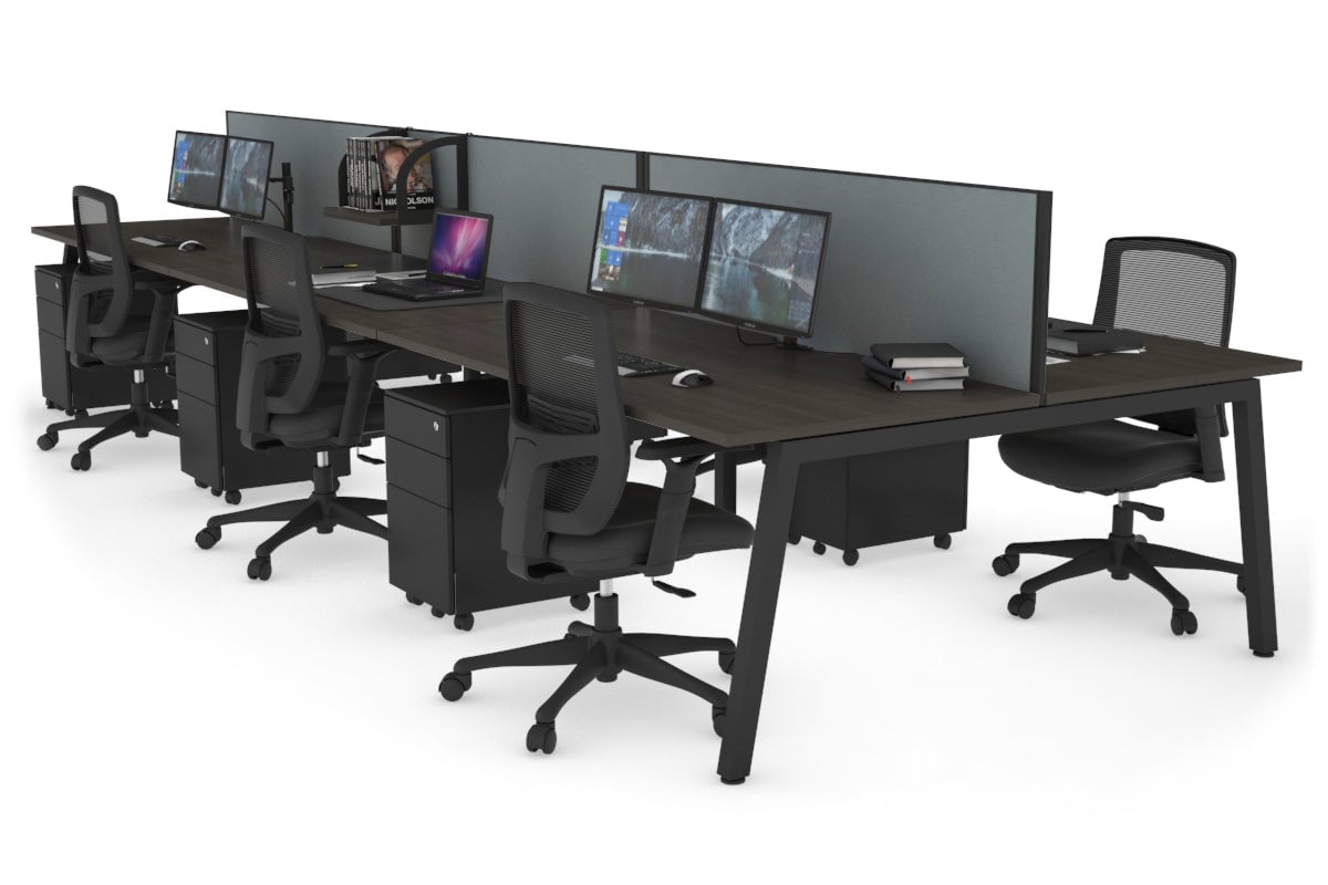 Quadro 6 Person Office Workstations [1400L x 800W with Cable Scallop] Jasonl black leg dark oak cool grey (500H x 1400W)