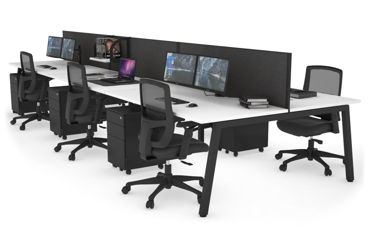 Quadro 6 Person Office Workstations [1400L x 800W with Cable Scallop] Jasonl black leg white moody charcoal (500H x 1400W)