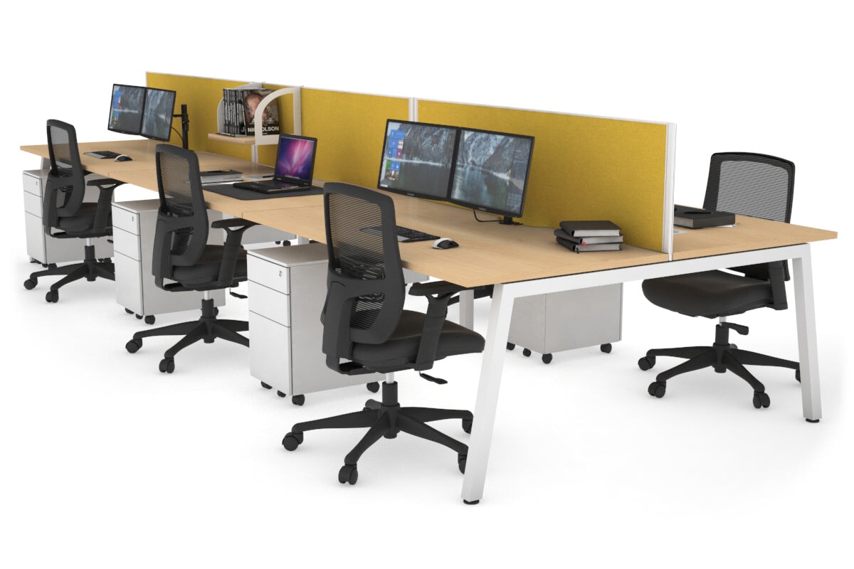 Quadro 6 Person Office Workstations [1400L x 800W with Cable Scallop] Jasonl white leg maple mustard yellow (500H x 1400W)