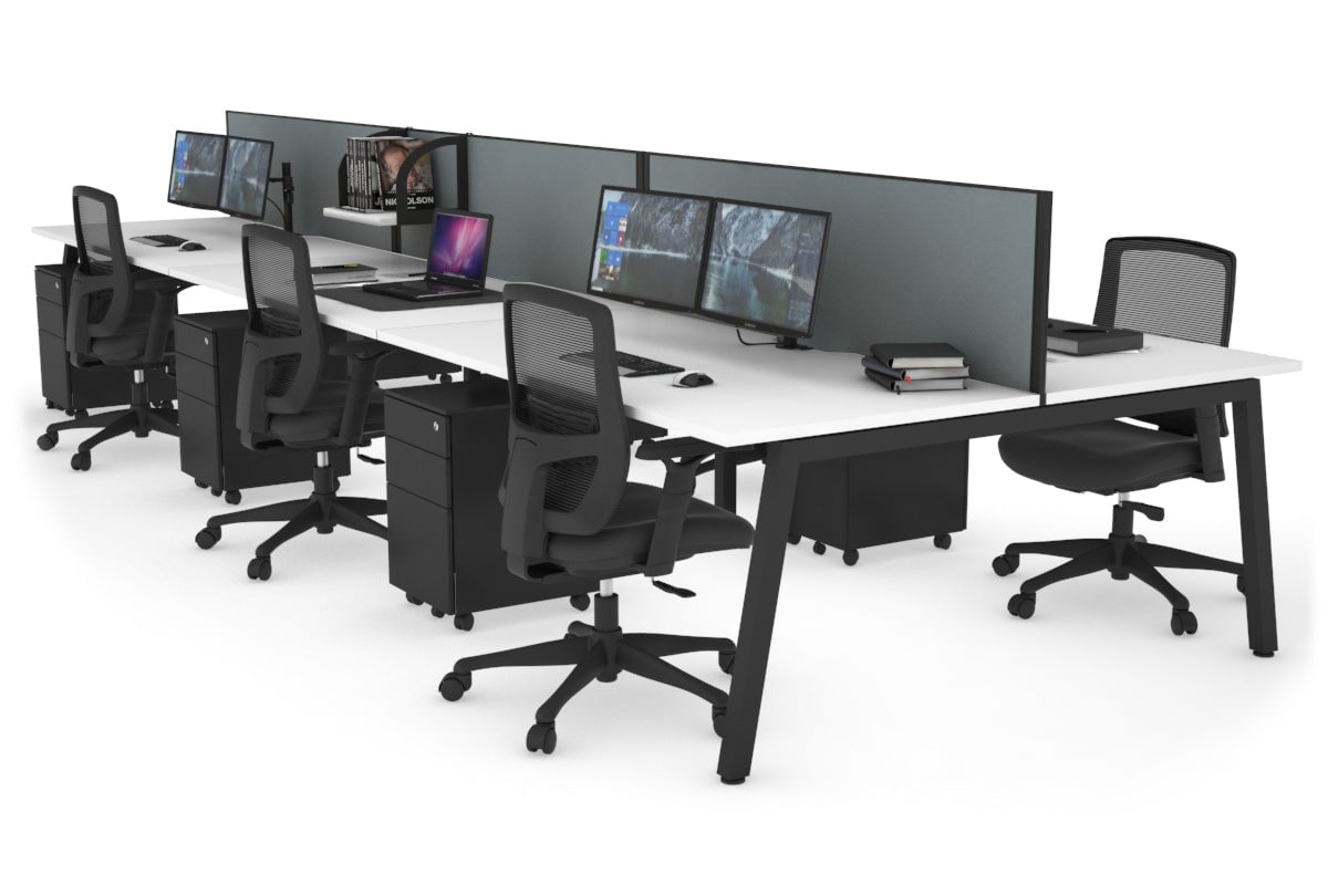 Quadro 6 Person Office Workstations [1400L x 800W with Cable Scallop] Jasonl black leg white cool grey (500H x 1400W)