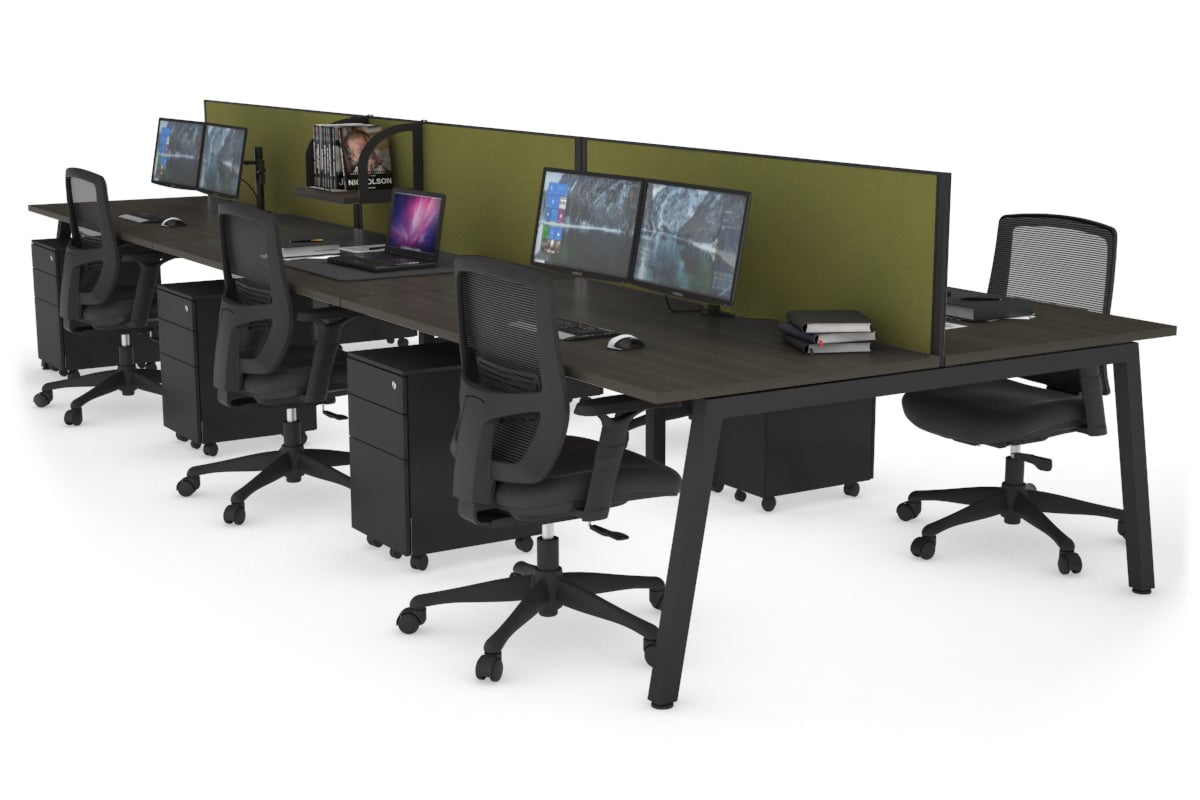 Quadro 6 Person Office Workstations [1400L x 800W with Cable Scallop] Jasonl black leg dark oak green moss (500H x 1400W)