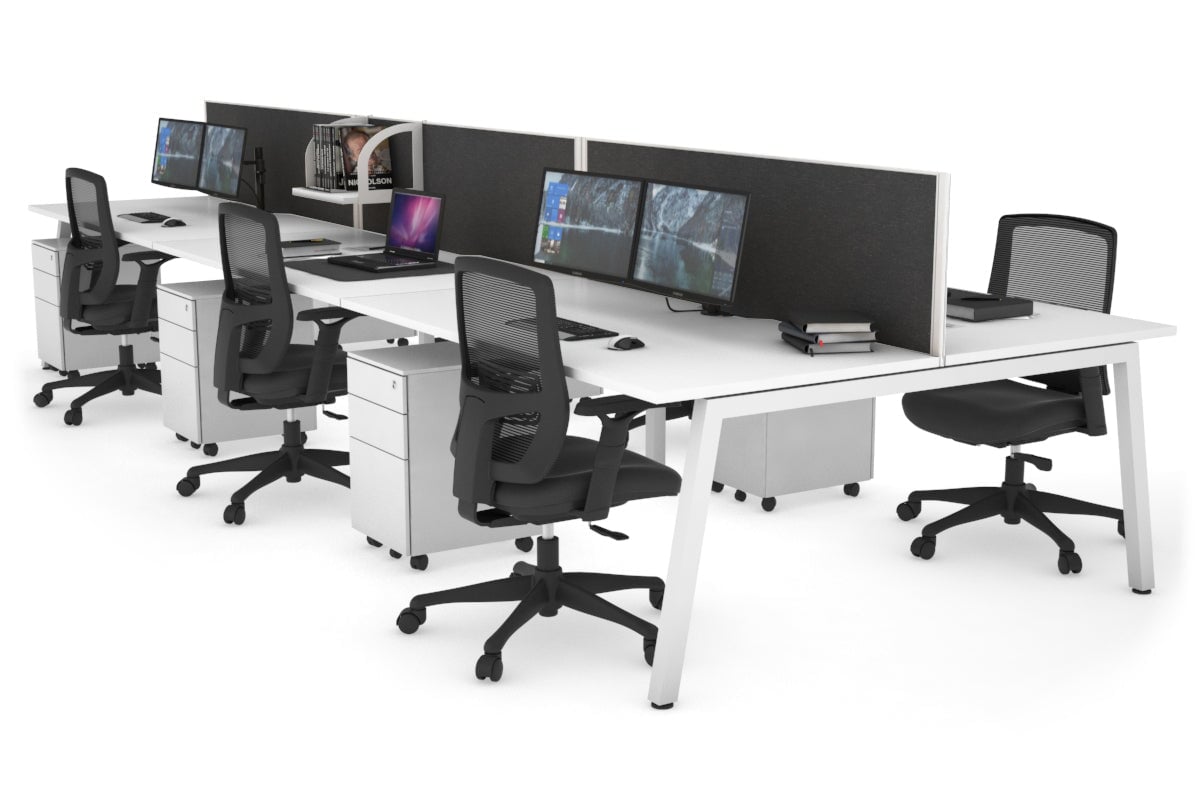 Quadro 6 Person Office Workstations [1400L x 800W with Cable Scallop] Jasonl white leg white moody charcoal (500H x 1400W)