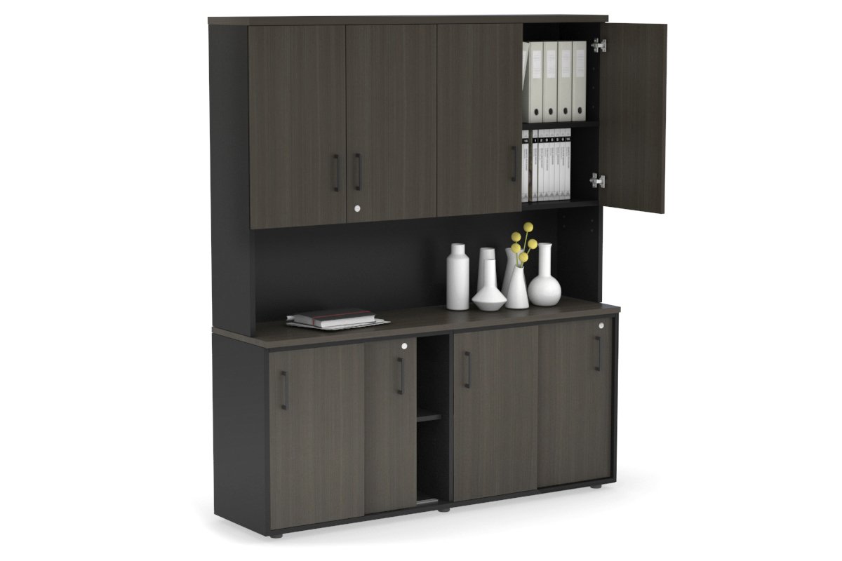 Uniform Sliding Door Credenza - Hutch with Doors [1600W x 750H x 450D] Jasonl Black dark oak black handle